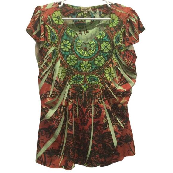 One world Womens Top Size Medium Burnout Fairy Grunge Green Brown Lace Flower - Picture 1 of 13